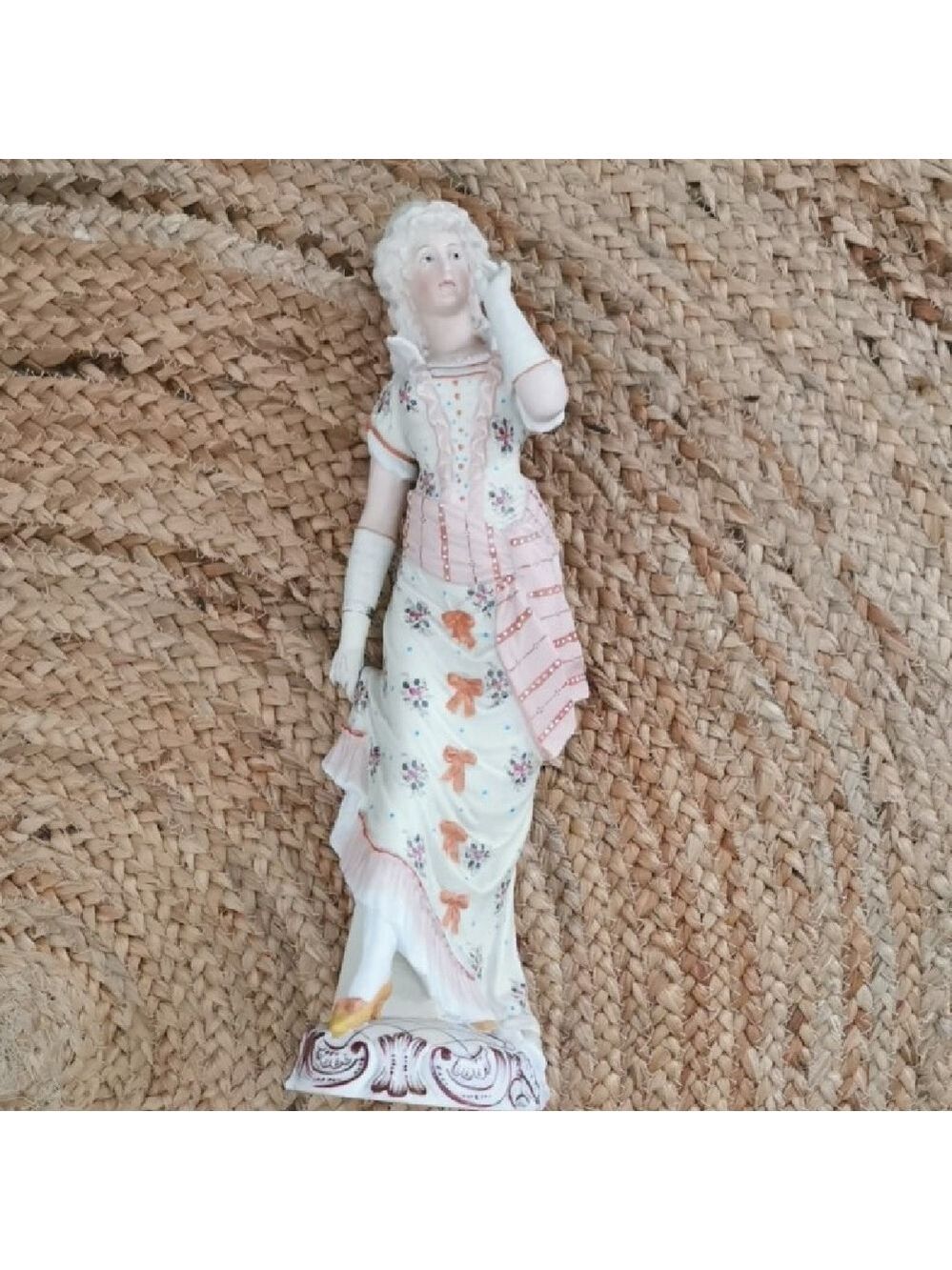 Antique French porcelain masquerade woman sculpture. 15" tall. Collectable.